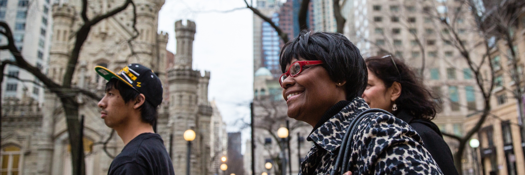 SCPS student walks through the Loyola University Chicago's Water Tower Campus in downtown Chicago.